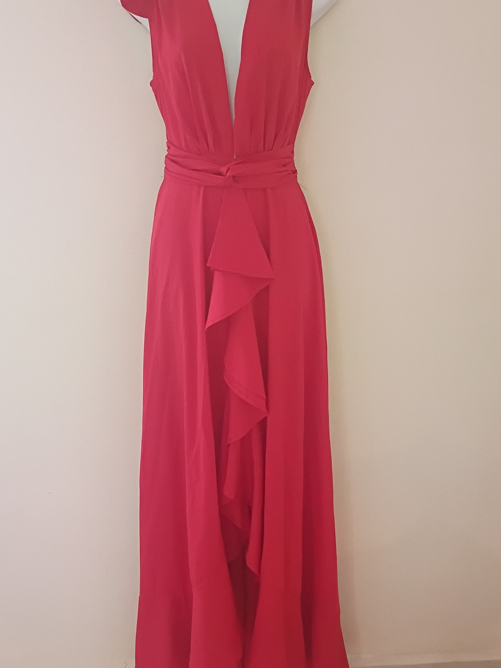chic Red Deep V Ruffle Maxi Dress